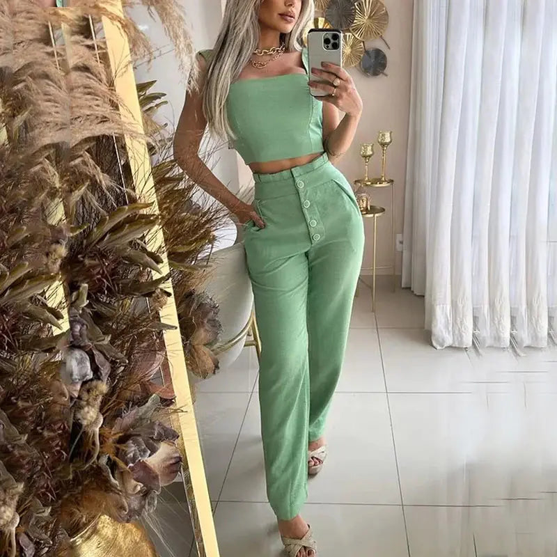 2023 Chic Cropped Top & High-Waist Pants Set