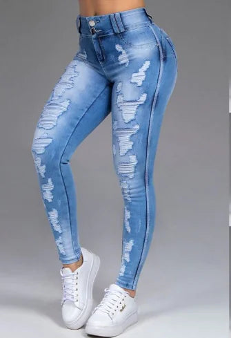Pantalon Jeans Femme Slim Fit Blanc et Bleu