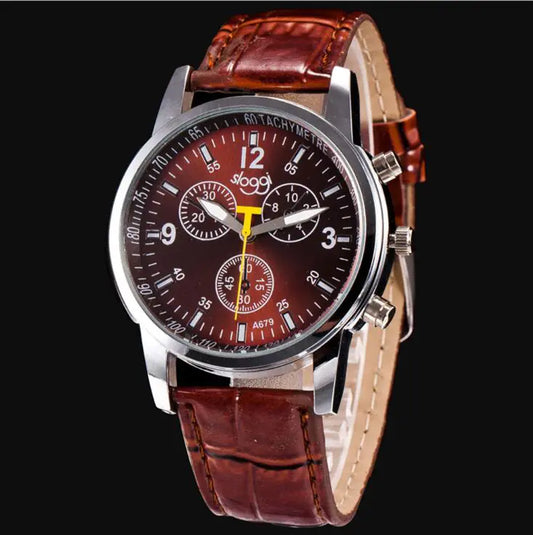 Montre en cuir pour femmes, Montre à quartz pour étudiante, Montre casual à 3 yeux