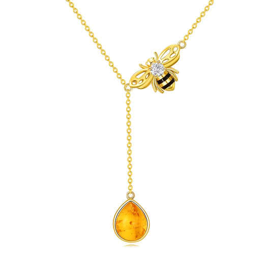 Golden Amber Bee Y Necklace in Sterling Silver