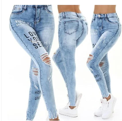 Pantalon Jeans Femme Slim Fit Blanc et Bleu