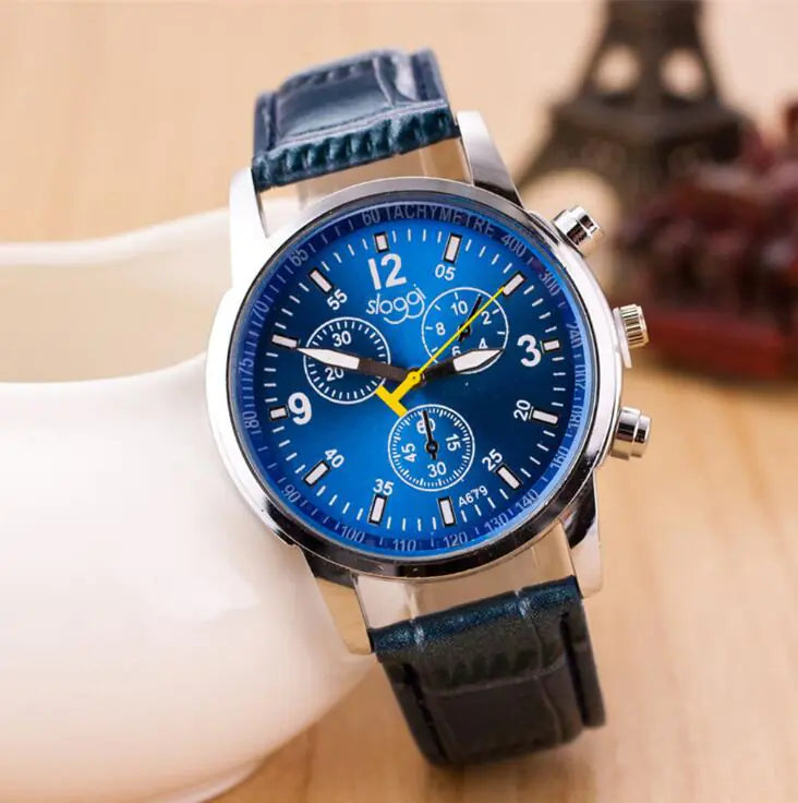 Montre en cuir pour femmes, Montre à quartz pour étudiante, Montre casual à 3 yeux