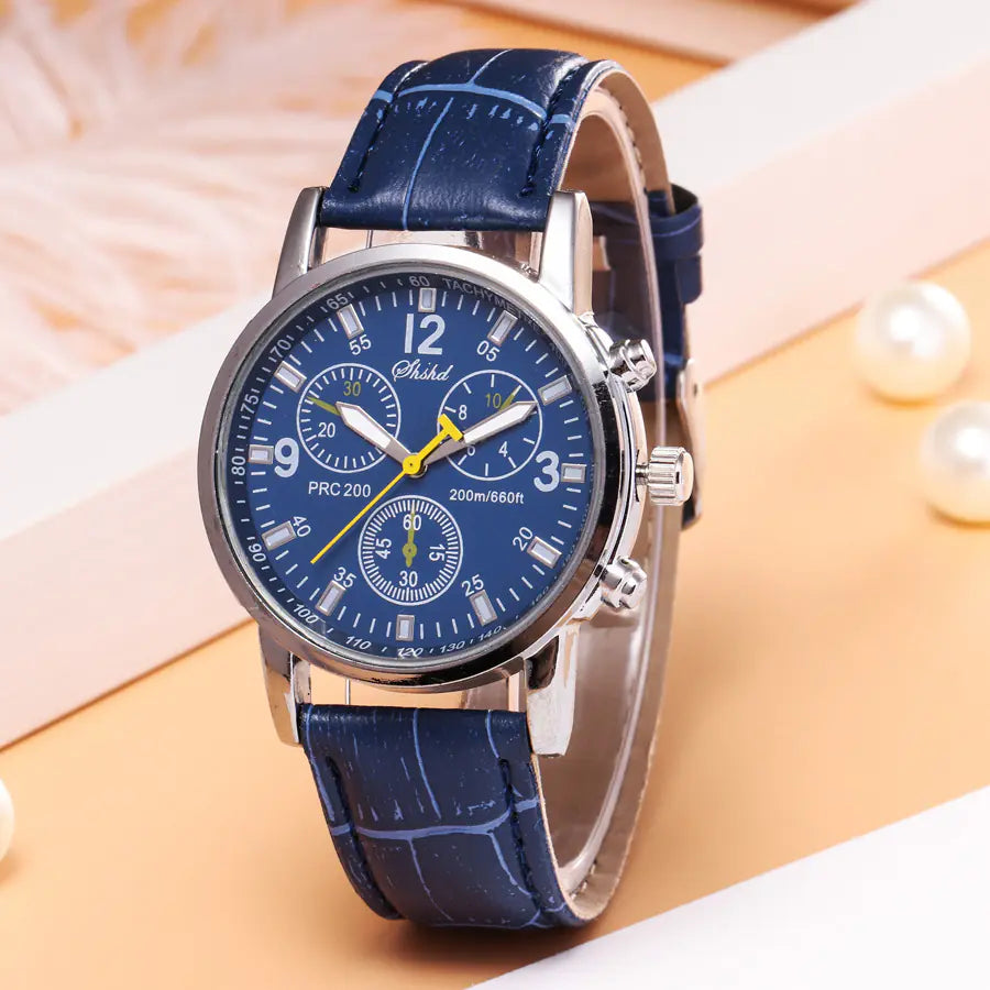 Montre en cuir pour femmes, Montre à quartz pour étudiante, Montre casual à 3 yeux