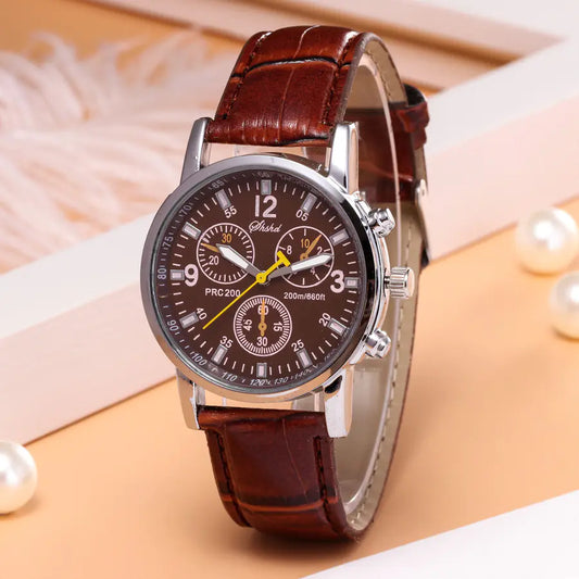 Montre en cuir pour femmes, Montre à quartz pour étudiante, Montre casual à 3 yeux